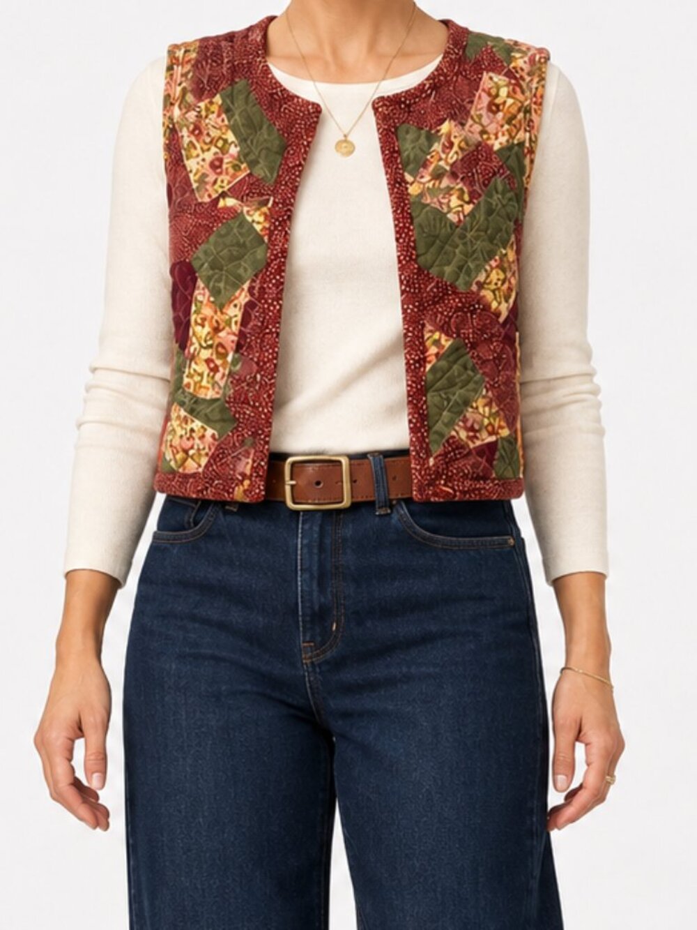 Quilted Patchwork Fall Vest | Cottagecore Earthy Boho Artisan Handmade [size M]